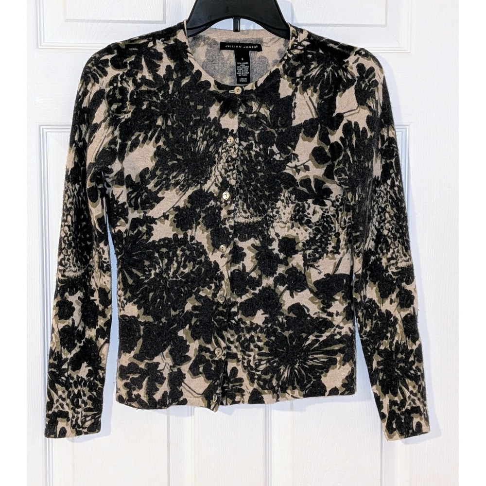 Jillian‎ Jones Lambswool Angora Floral Cardigan Sweater Tan Olive Small
